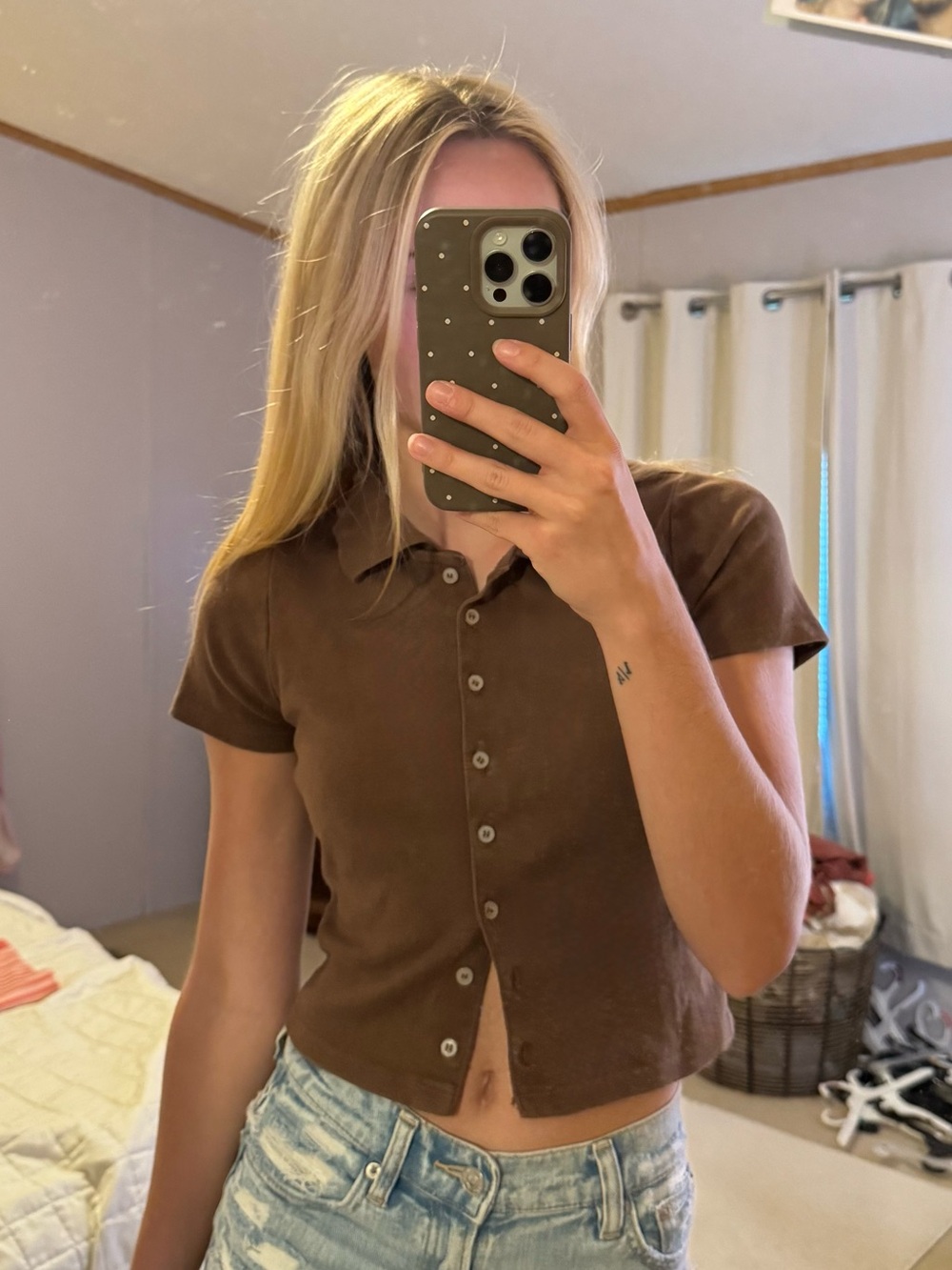 Brandy Melville Brown Short-Sleeve Button-Front Polo